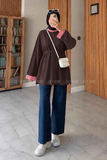 Lamelif Kolları Çizgi Manşet Katlamalı Tunik Kahverengi