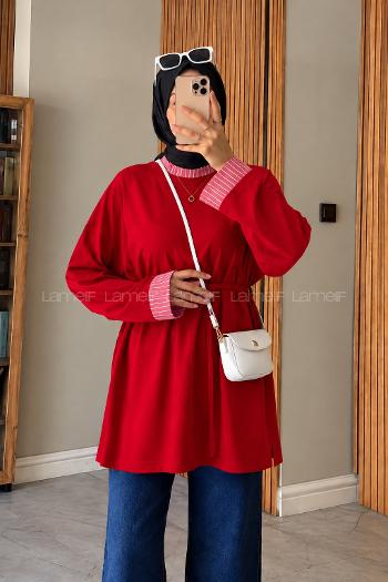 Lamelif Kolları Çizgi Manşet Katlamalı Tunik Kırmızı