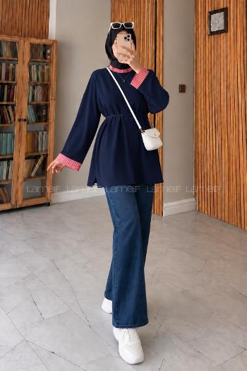Lamelif Kolları Çizgi Manşet Katlamalı Tunik Lacivert