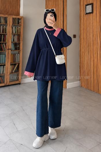Lamelif Kolları Çizgi Manşet Katlamalı Tunik Lacivert
