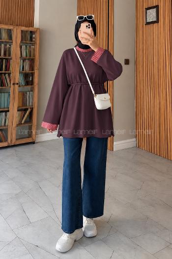 Lamelif Kolları Çizgi Manşet Katlamalı Tunik Mürdüm