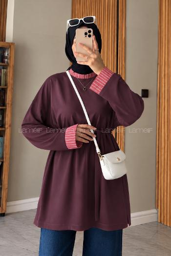 Lamelif Kolları Çizgi Manşet Katlamalı Tunik Mürdüm
