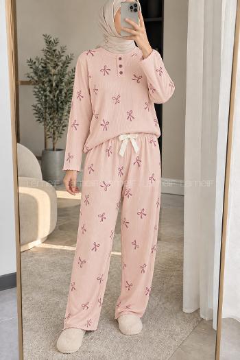 Lamelif Kurdela Desenli Düğmeli Fitilli Pijama Takımı