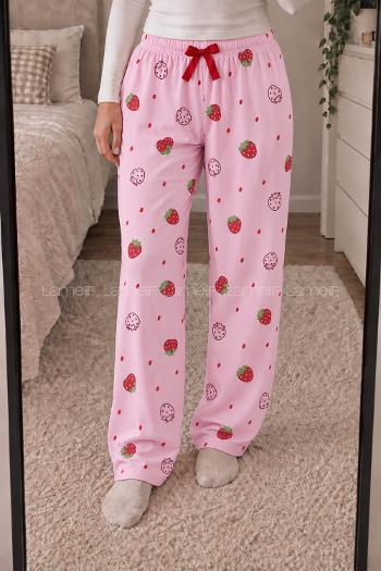 Lamelif Milan Kumaş Çilek Desenli Pijama Altı