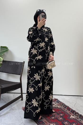 Lamelif Nakış İşlemeli Gömlek-Pantolon Takım Siyah