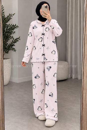 Lamelif Penguen Desenli Fiyonk Detaylı Pijama Takımı
