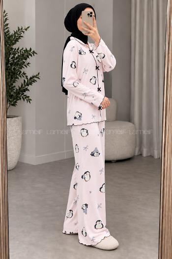 Lamelif Penguen Desenli Fiyonk Detaylı Pijama Takımı