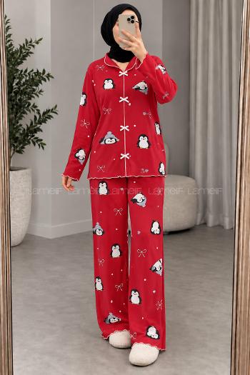 Lamelif Penguen Desenli Fiyonk Detaylı Pijama Takımı