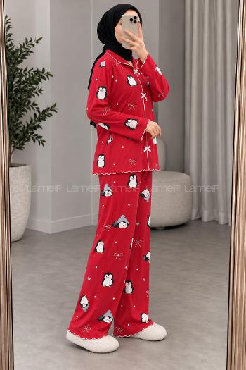 Lamelif Penguen Desenli Fiyonk Detaylı Pijama Takımı