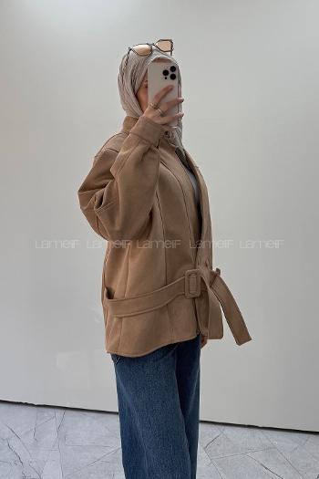 Lamelif Bel Tasarım Kemer Detaylı Süet Ceket Camel