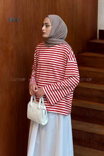 Lamelif Çizgili Oysho Sweat Kırmızı