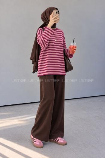 Lamelif Çizgili Oysho Sweat Pembe-Mürdüm