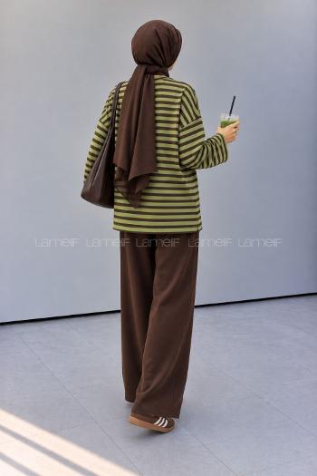 Lamelif Çizgili Oysho Sweat Yeşil-Kahve