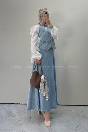 Lamelif Denim Yelek-Etek İkili Tesettür Takım Buz Mavisi