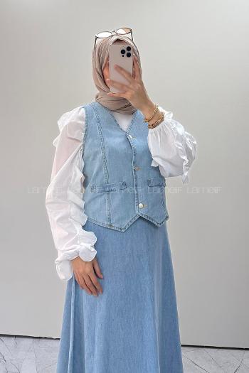 Lamelif Denim Yelek-Etek İkili Tesettür Takım Buz Mavisi