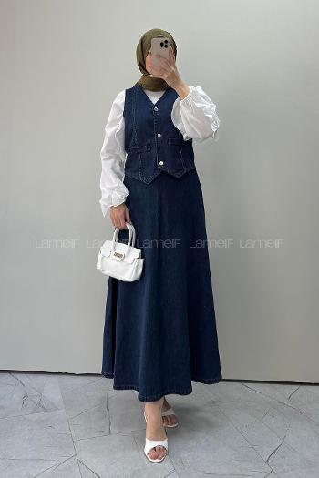 Lamelif Denim Yelek-Etek İkili Tesettür Takım Koyu Mavi
