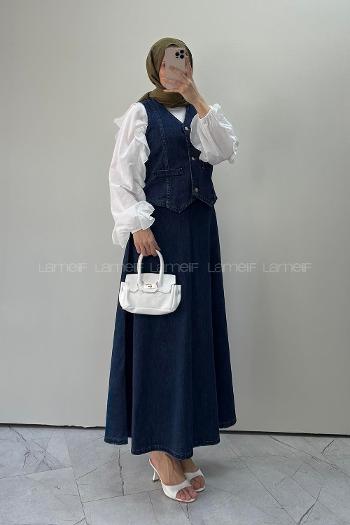 Lamelif Denim Yelek-Etek İkili Tesettür Takım Koyu Mavi