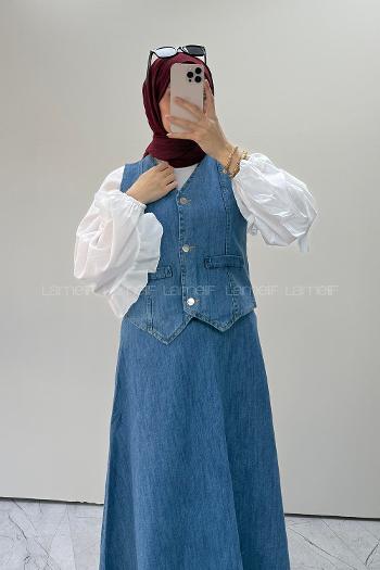 Lamelif Denim Yelek-Etek İkili Tesettür Takım Mavi