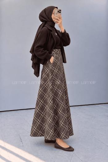 Lamelif Ekose Desen Etek Kahverengi