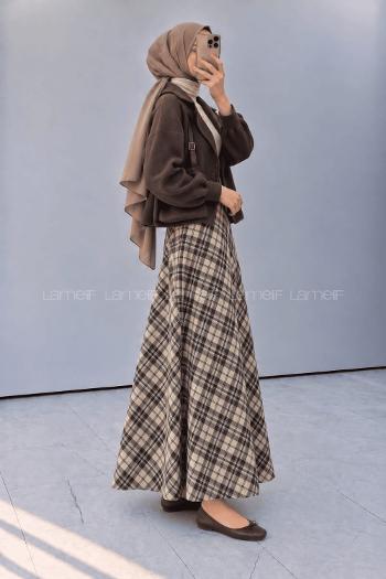 Lamelif Ekose Desen Etek Sütlü Kahve