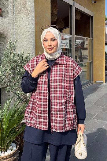 Lamelif Ekose Yelek Detaylı Üçlü Takım Bordo