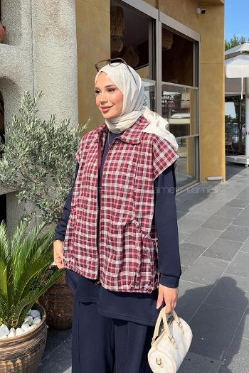 Lamelif Ekose Yelek Detaylı Üçlü Takım Bordo