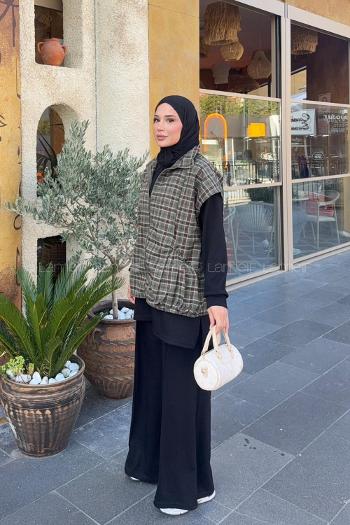 Lamelif Ekose Yelek Detaylı Üçlü Takım Haki