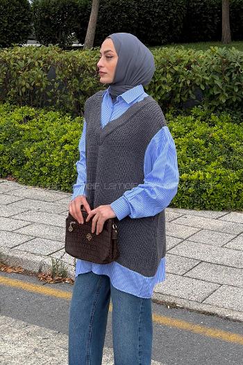 Lamelif Garnili Triko Gömlek Gri