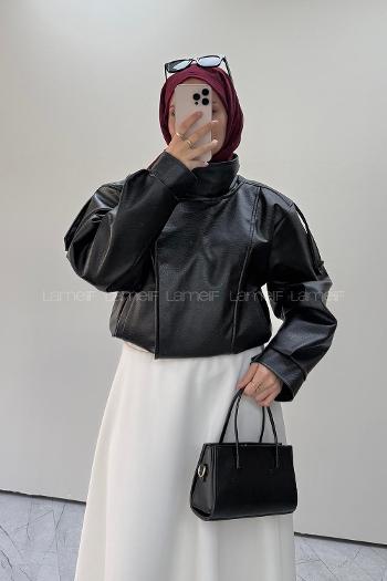 Lamelif Kruvaze Kapama Deri Ceket Siyah