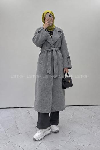 Lamelif Kruvaze Yaka Uzun Kaşe Kaban Füme