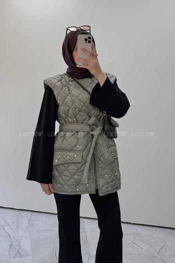 Lamelif Taş Detaylı Tasarım Şişme Yelek Çağla Yeşili