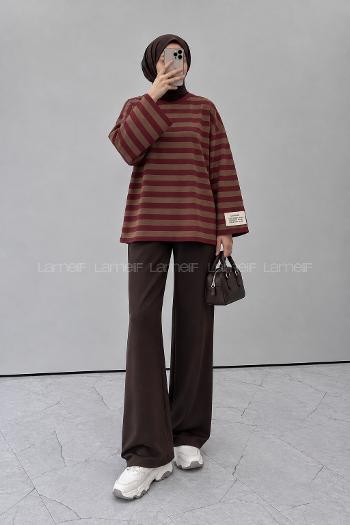 Lamelif Arma Detaylı Çizgili Basic Sweat Kahverengi Bordo