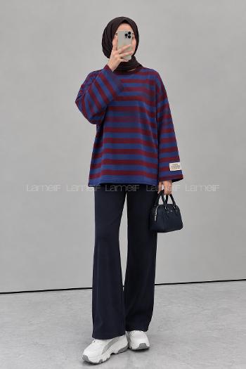 Lamelif Arma Detaylı Çizgili Basic Sweat Mavi Bordo