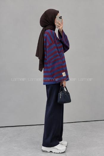 Lamelif Arma Detaylı Çizgili Basic Sweat Mavi Bordo