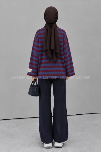 Lamelif Arma Detaylı Çizgili Basic Sweat Mavi Bordo