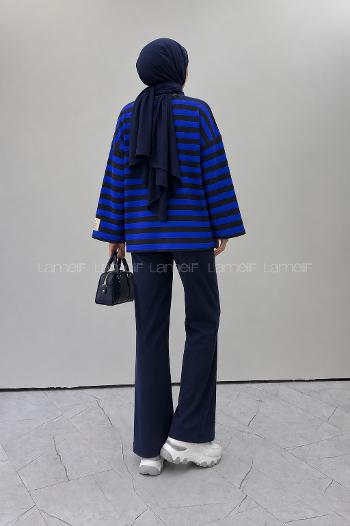 Lamelif Arma Detaylı Çizgili Basic Sweat Mor Siyah