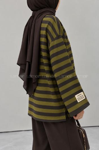 Lamelif Arma Detaylı Çizgili Basic Sweat Yeşil Kahverengi