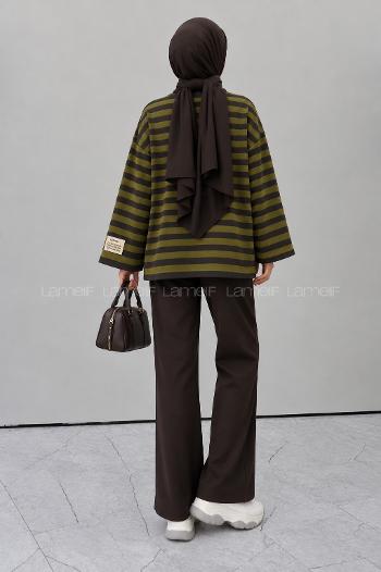 Lamelif Arma Detaylı Çizgili Basic Sweat Yeşil Kahverengi
