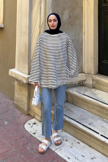 Lamelif Bisiklet Yaka Çizgili Tunik Lacivert