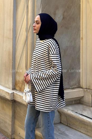 Lamelif Bisiklet Yaka Çizgili Tunik Lacivert