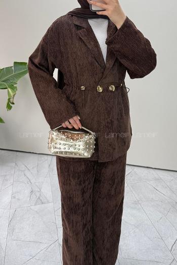 Lamelif Gold Düğmeli Kadife Takım Acı Kahve