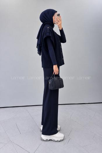 Navy Blue Turtle Neck Sleeveless Arm Buttoned Unprinted Vest