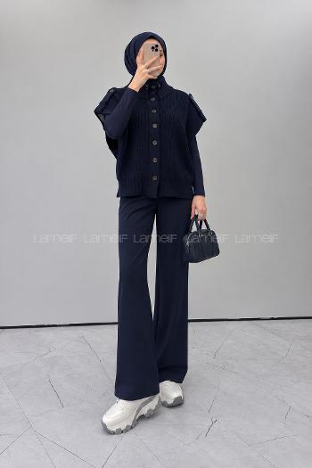 Navy Blue Turtle Neck Sleeveless Arm Buttoned Unprinted Vest