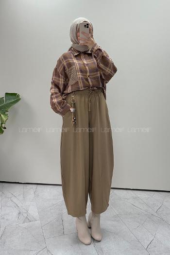 Lamelif Cepli Oversize Ekose Gömlek Soft Kahve