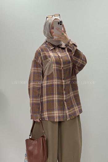 Lamelif Cepli Oversize Ekose Gömlek Soft Kahve