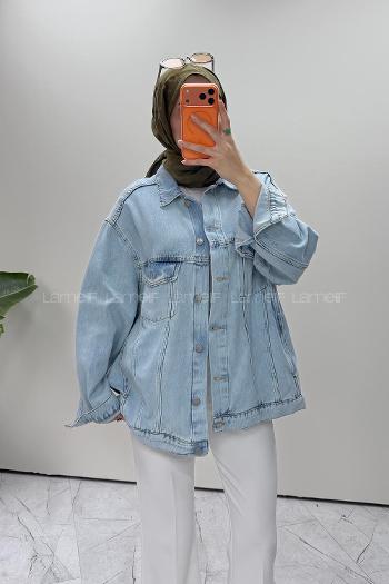 Ice Blue Shirt Collar Long Arm Cotton Fabric Denim Jacket