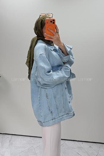 Ice Blue Shirt Collar Long Arm Cotton Fabric Denim Jacket