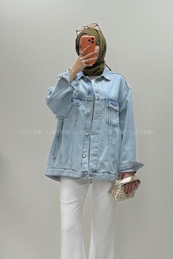 Ice Blue Shirt Collar Long Arm Cotton Fabric Denim Jacket
