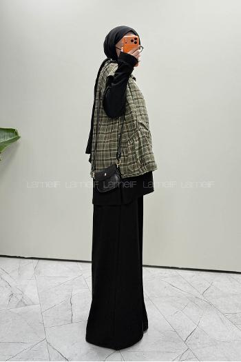 Lamelif Ekose Yelek Detaylı Üçlü Takım Haki