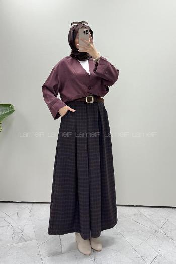 Lamelif Kemerli Ekoseli Etek-Pantolon Siyah-Bordo